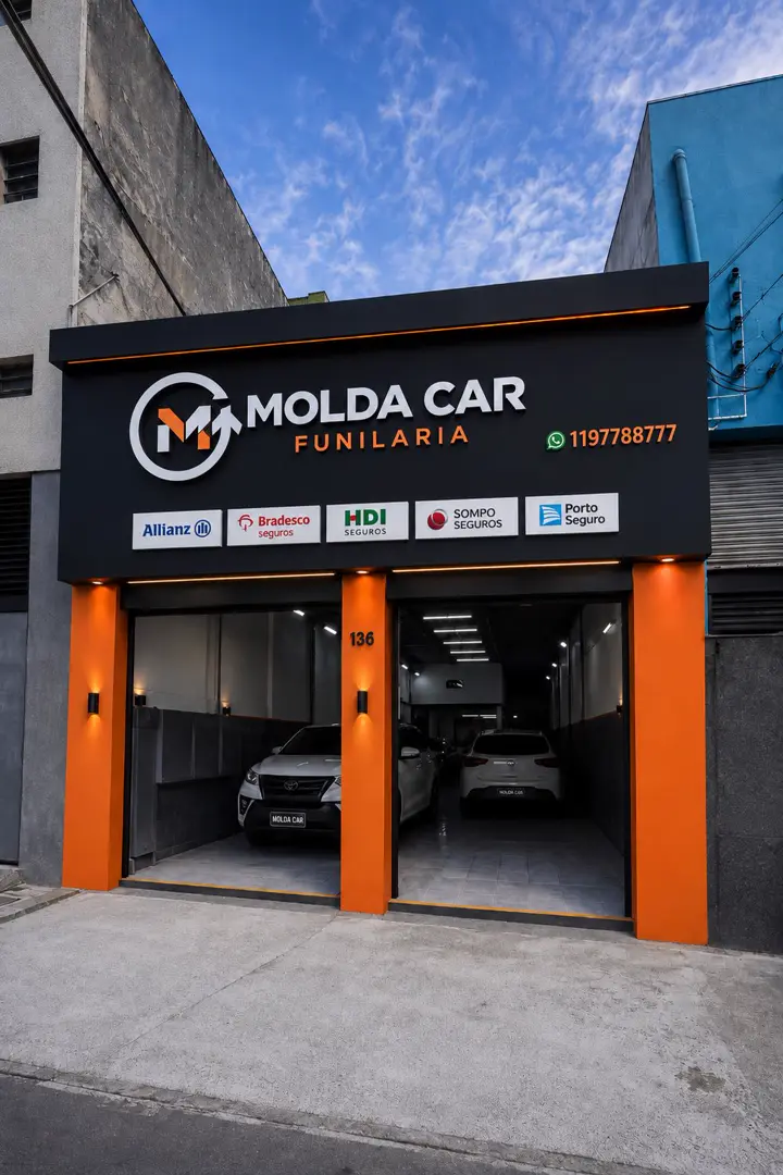 Fachada da Molda Car Funilaria em preto e laranja